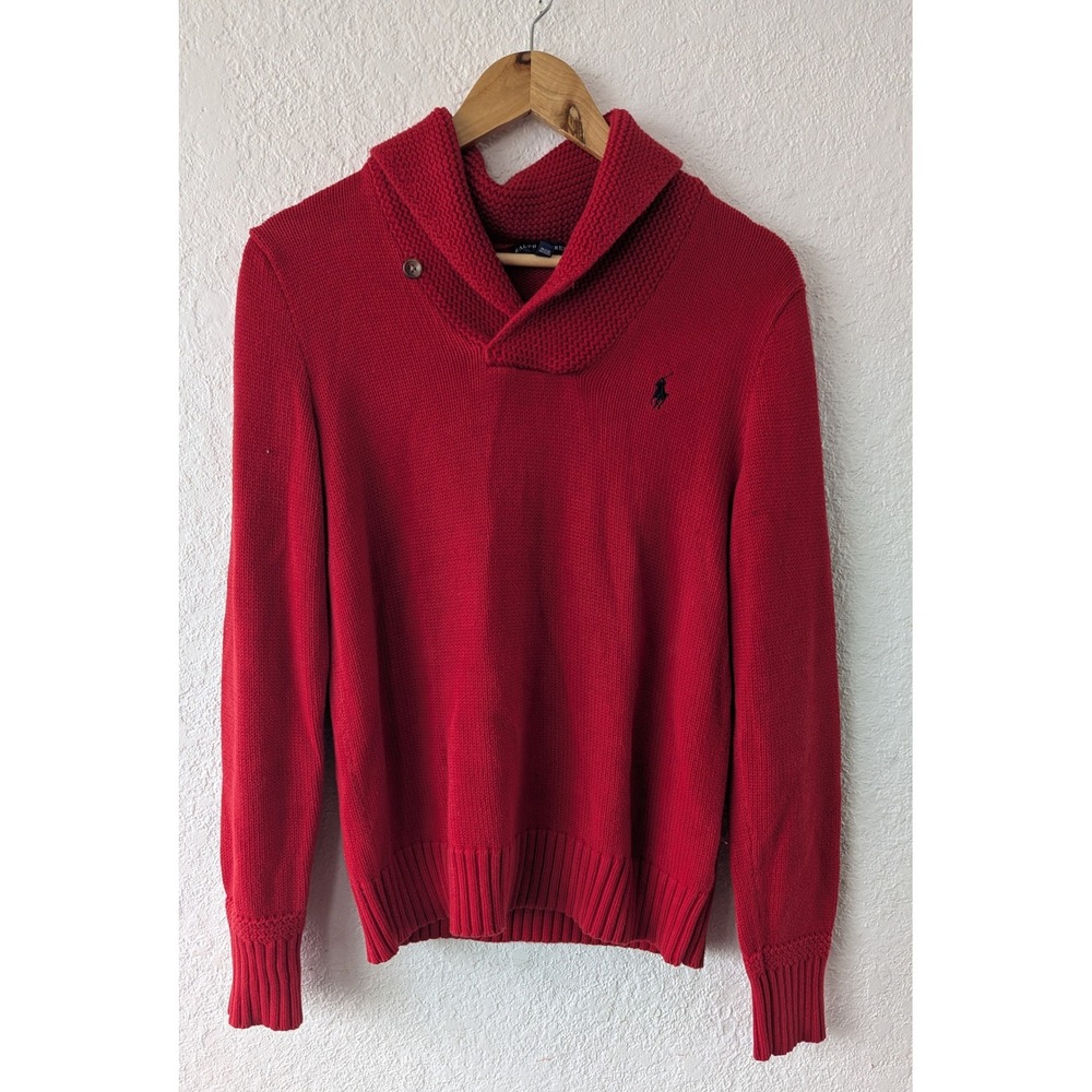 Ralph Lauren Red Cotton Shawl Collar Pullover Sweater Womens Large Pony Logo